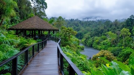 Fototapeta premium Wooden boardwalk leads to a thatched pavilion overlooking a river in a lush tropical rainforest.
