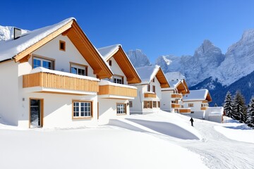 A winter scene in the Bavarian Alps, with a skier descending a slope and cozy chalets nestled in the snow