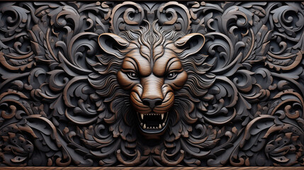 Lion head with a mouth open and teeth showing