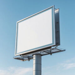Fototapeta premium An outdoor pole billboard with a rectangular white mock-up screen, standing tall against a clear blue sky.