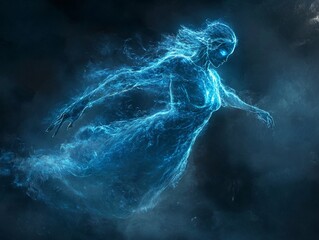 Ethereal female spirit floats through a dark, stormy sky.  A mystical, glowing blue figure in a haunting scene.