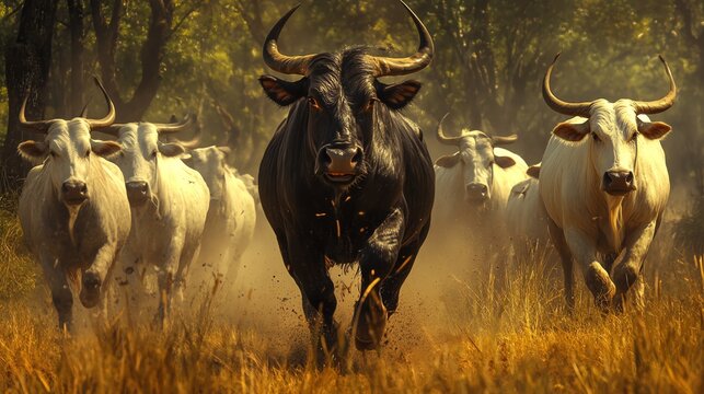 A powerful black bull leads a herd of white cows through a dusty field, highlighting rural life and animal dynamics.