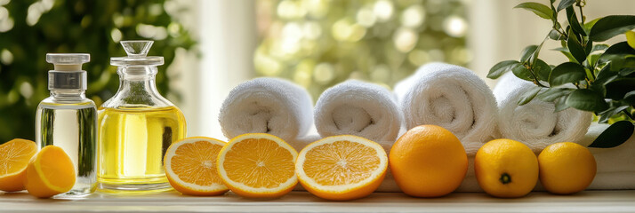 Lemon-Themed Spa Setting with Essential Oils and Towels
