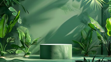 Green backdrop with a podium design for an organic products advertisement showcasing new foliage