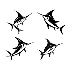 Set of Stylized Swordfish Illustrations in Black and White Design