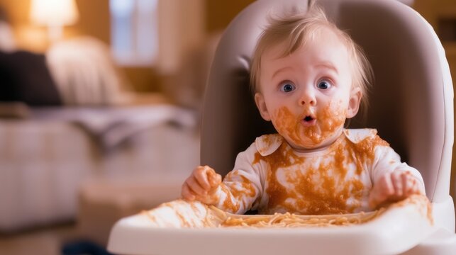 Caucasian baby enjoys messy spaghetti meal in high chair