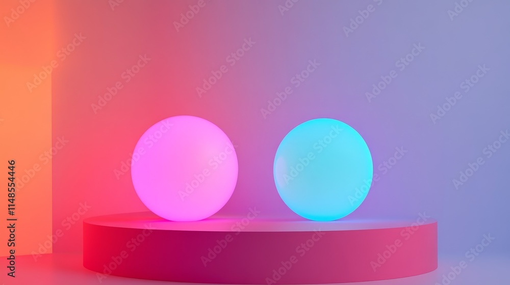 Poster Two glowing spheres in a minimalist setting with soft light, background, eleganting.