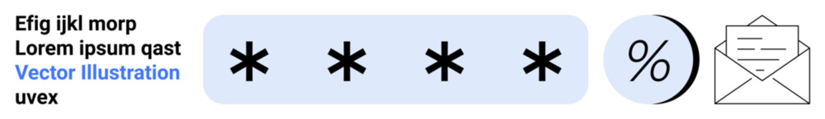 Obraz premium Password field with asterisks, percentage symbol, and email envelope icons. Ideal for cybersecurity, data protection, email services, encryption software, secure messaging, online privacy, and tech