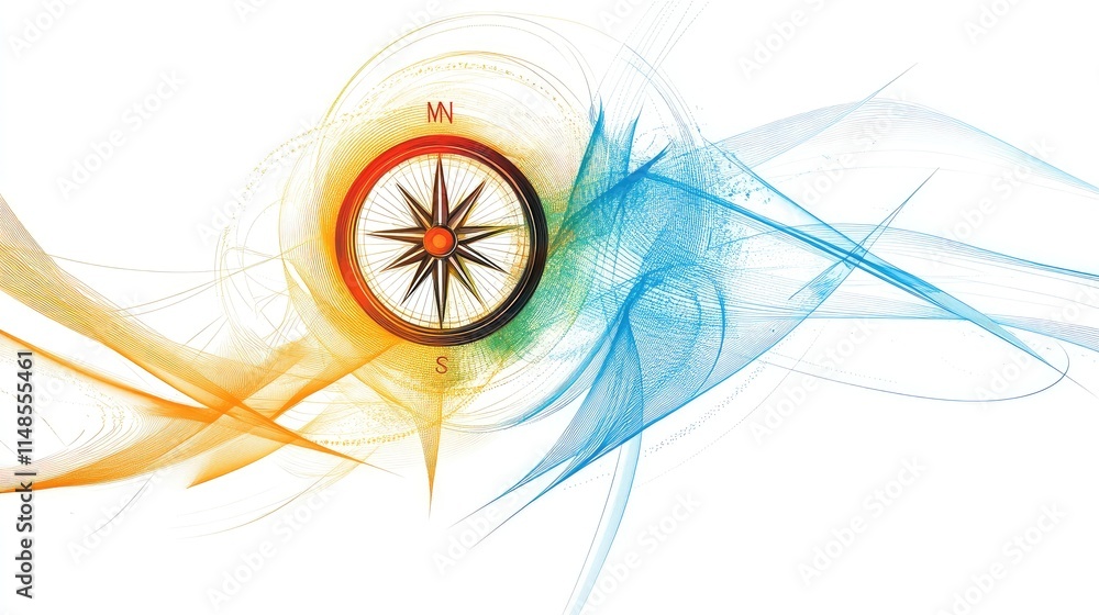 Poster abstract line art of a compass, symbolizing navigation and exploration, isolated on white.