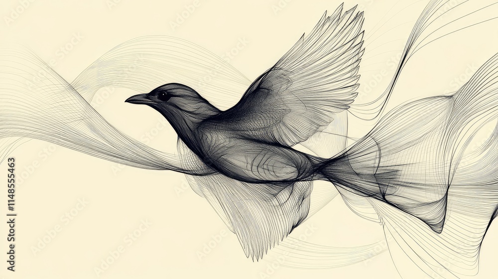 Poster abstract line art of a bird in flight with smooth and expressive curves.