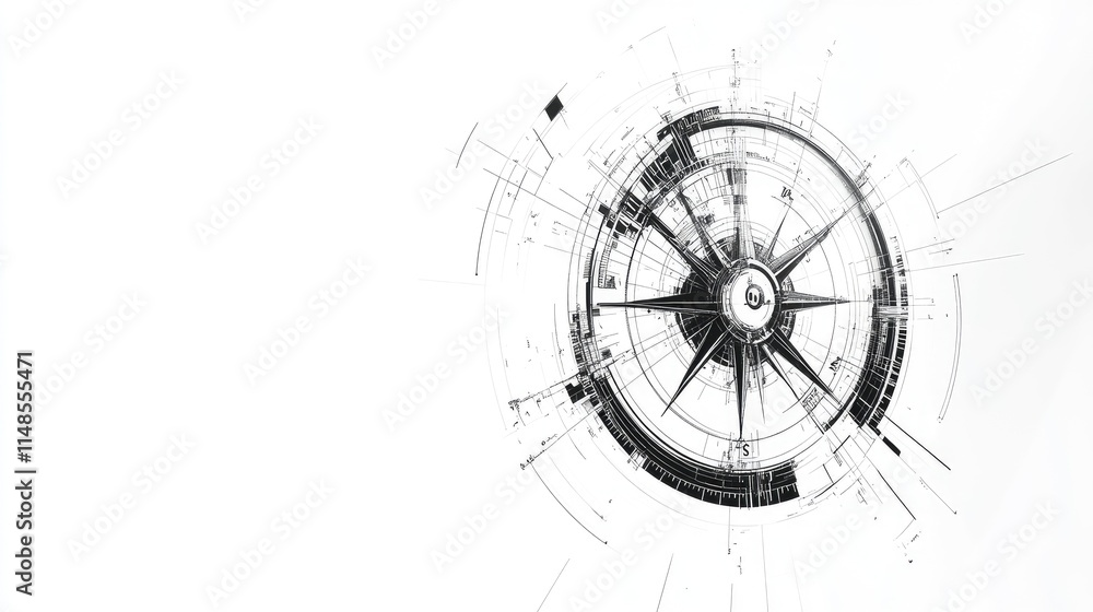 Poster abstract line art of a compass, symbolizing navigation and exploration, isolated on white.