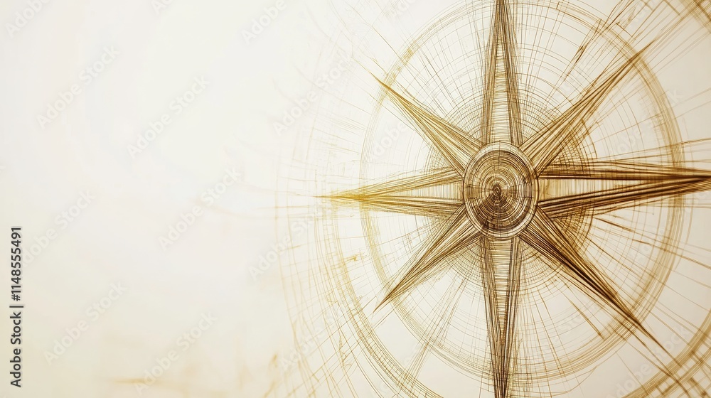 Poster abstract line art of a compass, symbolizing navigation and exploration, isolated on white.