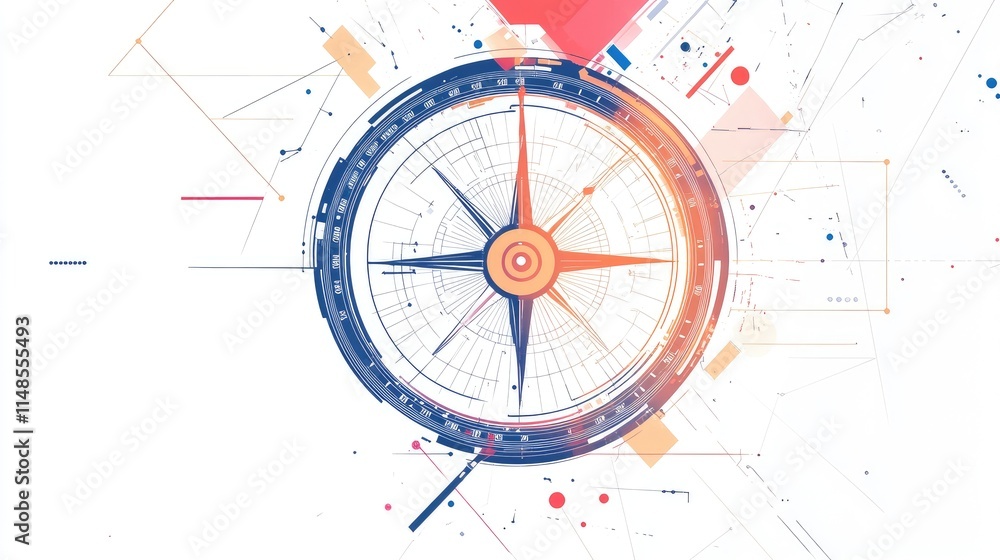 Poster abstract line art of a compass, symbolizing navigation and exploration, isolated on white.