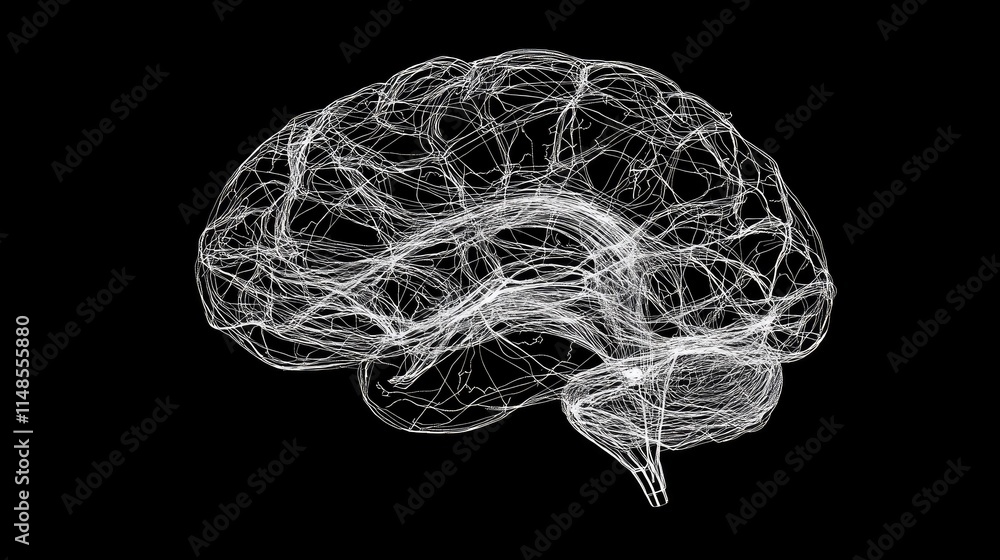 Poster abstract line art of a human brain with neural pathways symbolized by connected lines.