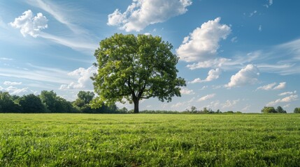 Fototapeta premium Stability and Growth: Majestic Tree in Lush Green Meadow Under Clear Blue Sky