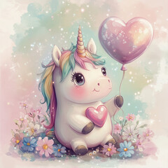 Naklejka premium Cute unicorn holding a heart-shaped balloon amid flowers in a whimsical pastel background