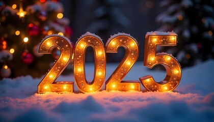 Gold Numbers 2025 With Sequins And Glitter On A gold snowy background Christmas New Year Greeting Card