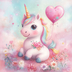 Adorable unicorn with a flower bouquet and heart-shaped balloon in a pastel garden of love