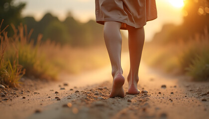 Person walking barefoot on a dirt path during sunset, symbolizing a journey of faith
