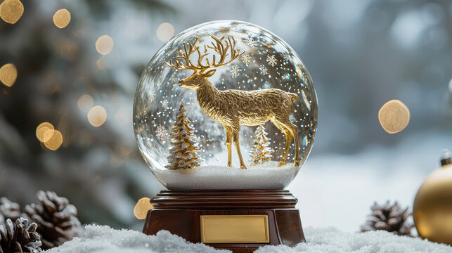 Luxurious Golden Reindeer Snow Globe - Elegant Mahogany Base for Holiday Decor and Gift Ideas - Powered by Adobe
