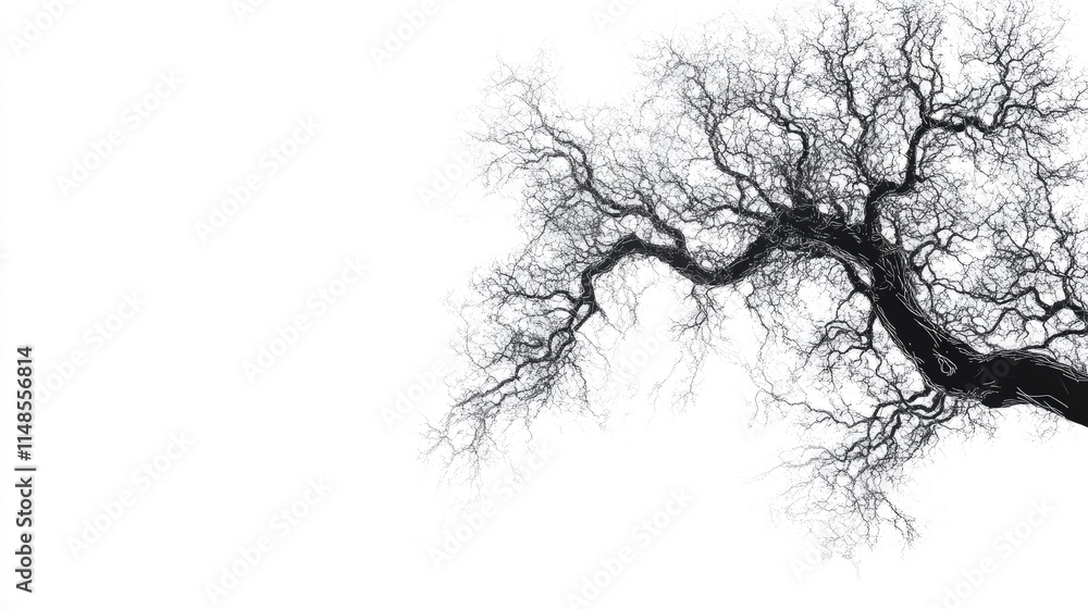 Poster abstract line art of a tree with intricate branch patterns, isolated on a clean white background.