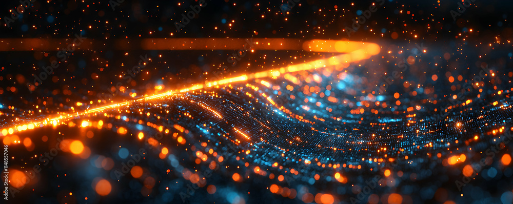 Poster abstract digital landscape with glowing particles and flowing lines.