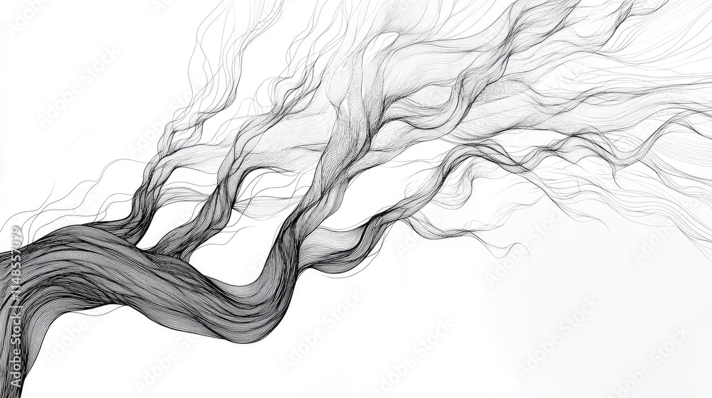 Poster abstract line art of a tree with intricate branch patterns, isolated on a clean white background.