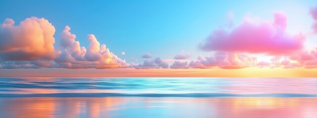 Pastel ocean reflections meeting glowing skies, serene mirror effect, 3D illustration