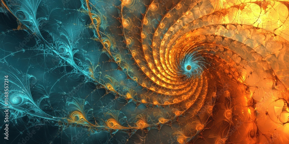 Poster a vibrant swirling fractal design in blue and orange, showcasing intricate patterns and a sense of d