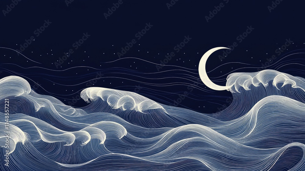 Poster abstract line art of waves and a crescent moon, symbolizing calm and serenity.