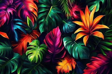 Vibrant Tropical Pattern with Exotic Leaves
