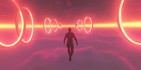 Ethereal Journey: A silhouetted figure confidently strides towards a series of glowing geometric rings, suspended in a surreal, otherworldly realm.