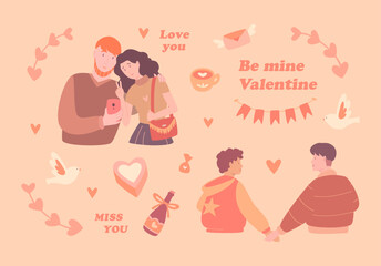 A set of different couples and festive elements for Valentine's Day. Inscriptions, doves, candies, champagne.