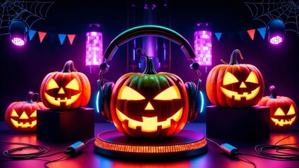 Cyberpunk halloween pumpkins dancing at disco party