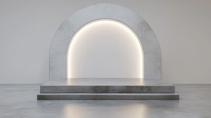 A minimalist stage with a curved concrete backdrop and soft light, background, eleganting for presentations or displays.