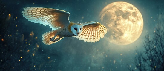 Barn owl in flight at night with full moon.