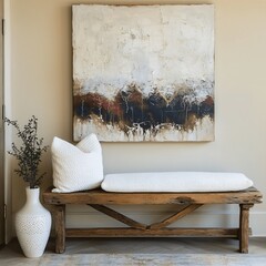 Abstract Landscape Painting on Rustic Wooden Bench