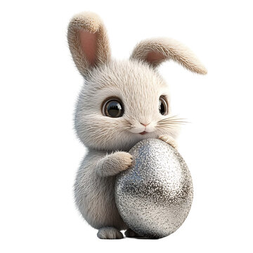 Cute 3D Rabbit Holding Shimmering Silver Easter Egg on Plain White Background