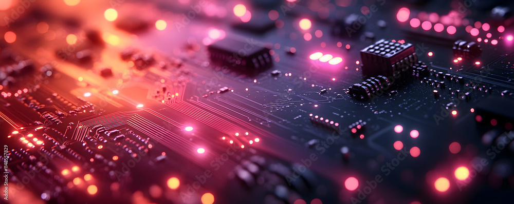 Aufkleber a close-up view of a circuit board illuminated with colorful lights.