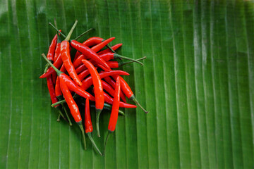 Red chilies placed on banana leaves, top view
