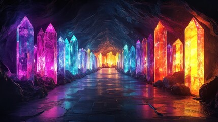 Obraz premium A mystical cave illuminated by vibrant, colorful crystals lining a dark pathway.