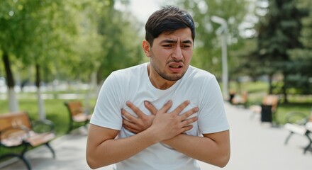 Fototapeta premium Young hispanic male experiencing chest pain in park setting for health awareness design