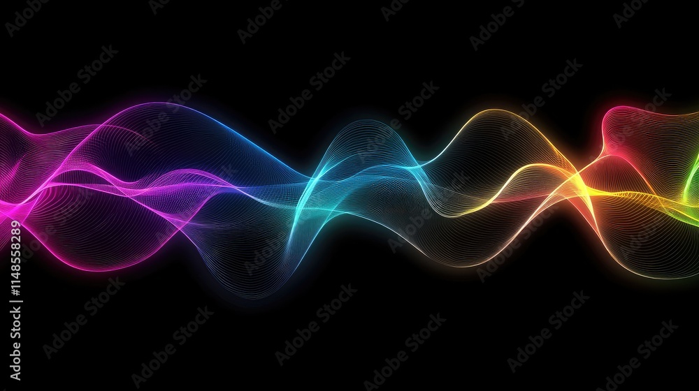 Poster abstract line background with overlapping waveforms in bright neon colors on a dark backdrop.