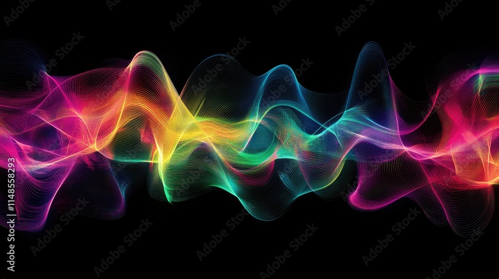 Poster abstract line background with overlapping waveforms in bright neon colors on a dark backdrop.
