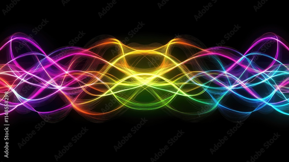 Poster abstract line background with overlapping waveforms in bright neon colors on a dark backdrop.