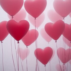 Heart-shaped balloons in dreamy foggy atmosphere