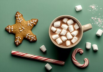 Cozy Winter Hot Chocolate with Marshmallows, Gingerbread Cookie, and Candy Cane