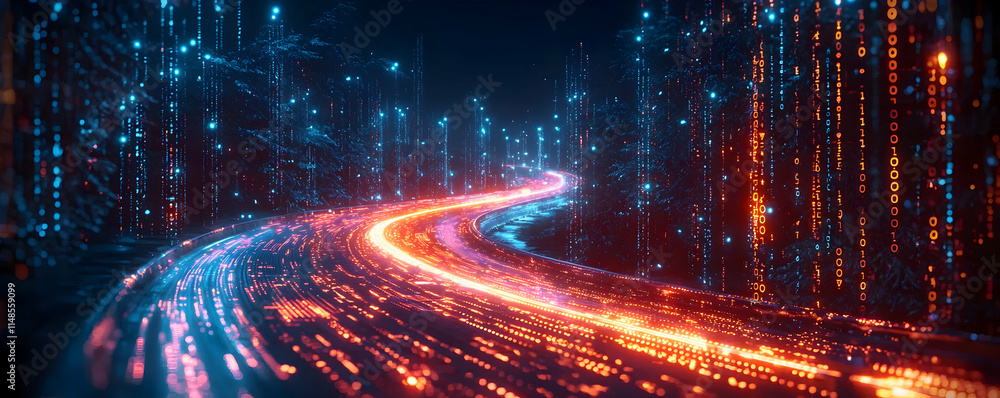 Poster a futuristic cityscape with glowing lines representing digital data flow.