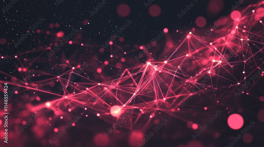 Poster abstract, background visualization of interconnected nodes and lines in vibrant pink hues.