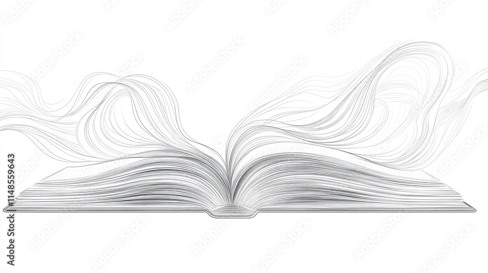 Poster clean line art of an open book with flowing lines representing knowledge and learning.